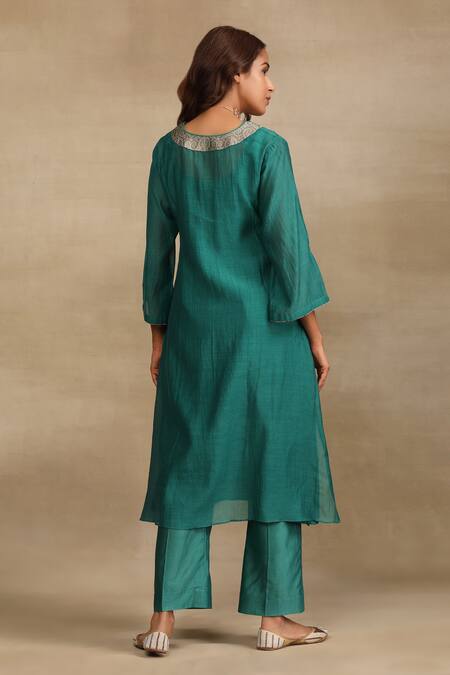 Shop_Trendy Tokari_Green Silk, Chanderi Sequins, Embroidery V-neck Kurta And Pant Set _Online_at_Aza_Fashions