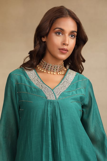 Trendy Tokari_Green Silk, Chanderi Sequins, Embroidery V-neck Kurta And Pant Set _at_Aza_Fashions