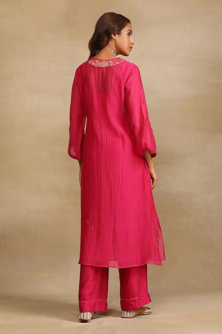 Shop Trendy Tokari Pink Silk, Chanderi Sequins, Embroidery V-neck A-line Kurta And Pant Set at Aza Fashions Shop_Trendy Tokari_Pink Silk, Chanderi Sequins, Embroidery V-neck A-line Kurta And Pant Set _at_Aza_Fashions