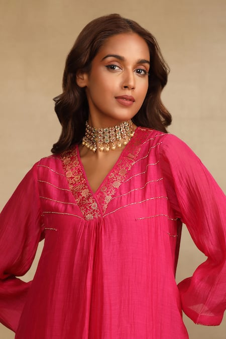 Trendy Tokari Pink Silk, Chanderi Sequins, Embroidery V-neck A-line Kurta And Pant Set Online at Aza Fashions Trendy Tokari_Pink Silk, Chanderi Sequins, Embroidery V-neck A-line Kurta And Pant Set _Online_at_Aza_Fashions