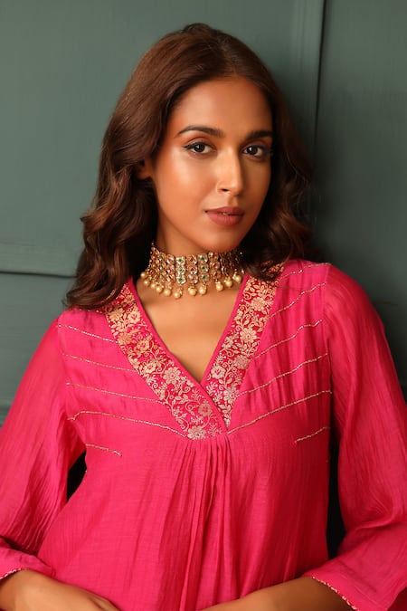 Shop Trendy Tokari Pink Silk, Chanderi Sequins, Embroidery V-neck A-line Kurta And Pant Set Online at Aza Fashions Shop_Trendy Tokari_Pink Silk, Chanderi Sequins, Embroidery V-neck A-line Kurta And Pant Set _Online_at_Aza_Fashions
