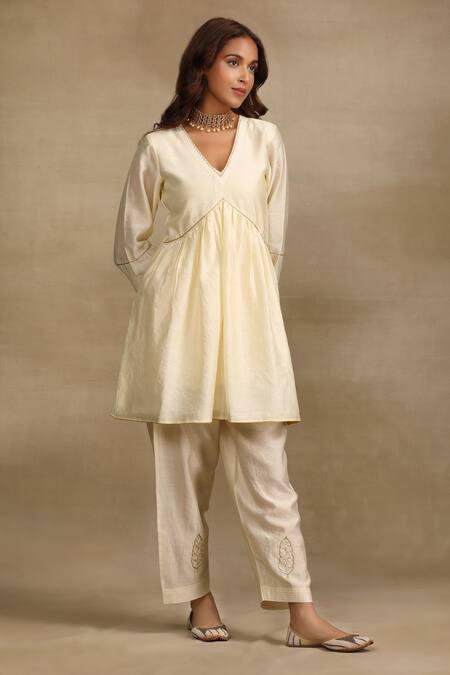 Buy Trendy Tokari Ivory Silk, Chanderi Cut Work, Embroidery, Mirrors V-neck Flared Kurta Pant Set Online at Aza Fashions Buy_Trendy Tokari_Ivory Silk, Chanderi Cut Work, Embroidery, Mirrors V-neck Flared Kurta Pant Set _Online_at_Aza_Fashions