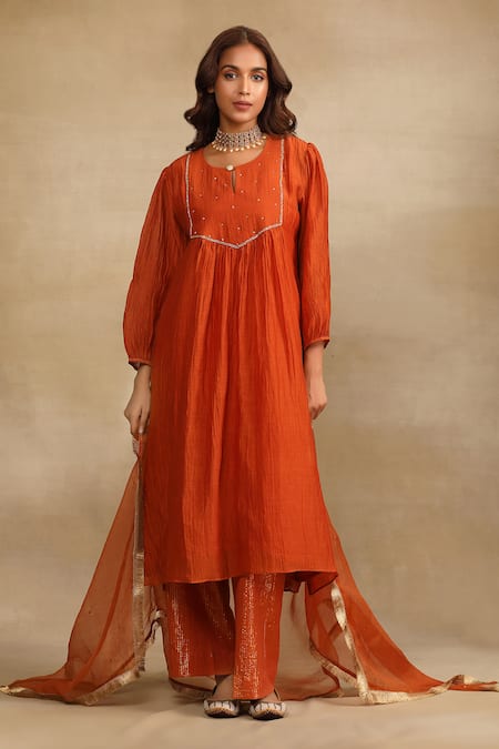 Trendy Tokari Orange Silk, Chanderi Sequins Round Neck Embroidered Yoke Kurta Pant Set Online at Aza Fashions Trendy Tokari_Orange Silk, Chanderi Sequins Round Neck Embroidered Yoke Kurta Pant Set _Online_at_Aza_Fashions