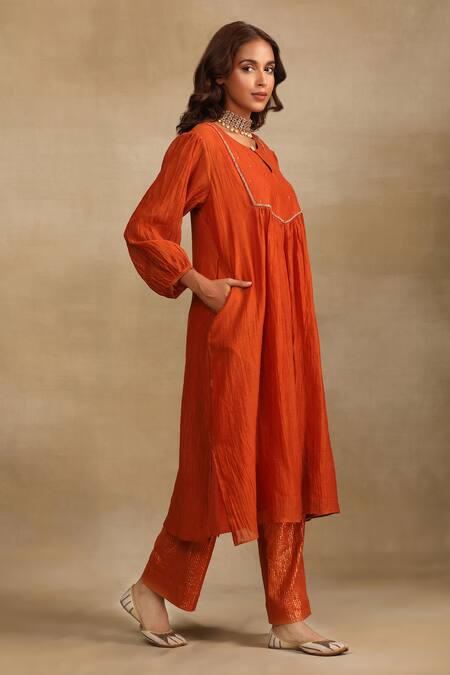 Buy Trendy Tokari Orange Silk, Chanderi Sequins Round Neck Embroidered Yoke Kurta Pant Set Online at Aza Fashions Buy_Trendy Tokari_Orange Silk, Chanderi Sequins Round Neck Embroidered Yoke Kurta Pant Set _Online_at_Aza_Fashions