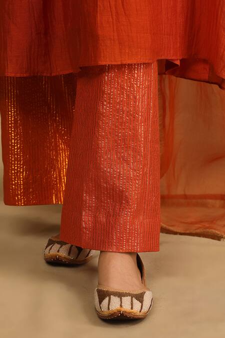 Trendy Tokari Orange Silk, Chanderi Sequins Round Neck Embroidered Yoke Kurta Pant Set at Aza Fashions Trendy Tokari_Orange Silk, Chanderi Sequins Round Neck Embroidered Yoke Kurta Pant Set _at_Aza_Fashions