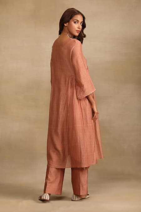 Shop Trendy Tokari Pink Silk, Chanderi Embroidery V-neck Flower Brocade Yoke Kurta Pant Set at Aza Fashions Shop_Trendy Tokari_Pink Silk, Chanderi Embroidery V-neck Flower Brocade Yoke Kurta Pant Set _at_Aza_Fashions