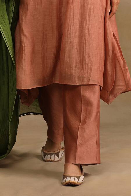 Buy Trendy Tokari Pink Silk, Chanderi Embroidery V-neck Flower Brocade Yoke Kurta Pant Set Online at Aza Fashions Buy_Trendy Tokari_Pink Silk, Chanderi Embroidery V-neck Flower Brocade Yoke Kurta Pant Set _Online_at_Aza_Fashions