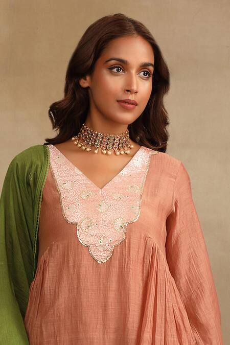 Shop Trendy Tokari Pink Silk, Chanderi Embroidery V-neck Flower Brocade Yoke Kurta Pant Set Online at Aza Fashions Shop_Trendy Tokari_Pink Silk, Chanderi Embroidery V-neck Flower Brocade Yoke Kurta Pant Set _Online_at_Aza_Fashions