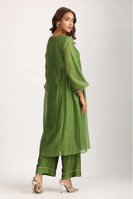 Shop Trendy Tokari Green Silk, Chanderi Embroidery Flower Brocade Yoke Side Gathered Kurta Pant Set at Aza Fashions Shop_Trendy Tokari_Green Silk, Chanderi Embroidery Flower Brocade Yoke Side Gathered Kurta Pant Set _at_Aza_Fashions