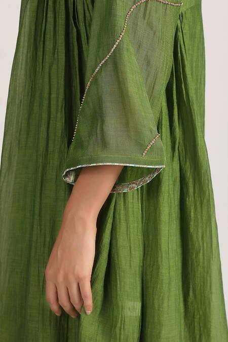 Buy Trendy Tokari Green Silk, Chanderi Embroidery Flower Brocade Yoke Side Gathered Kurta Pant Set Online at Aza Fashions Buy_Trendy Tokari_Green Silk, Chanderi Embroidery Flower Brocade Yoke Side Gathered Kurta Pant Set _Online_at_Aza_Fashions