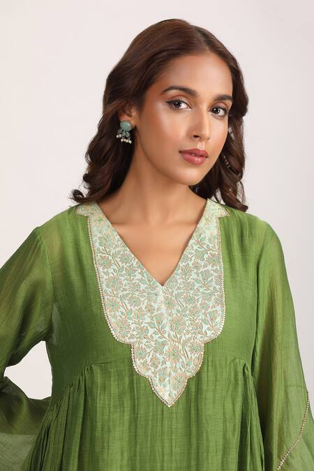 Shop Trendy Tokari Green Silk, Chanderi Embroidery Flower Brocade Yoke Side Gathered Kurta Pant Set Online at Aza Fashions Shop_Trendy Tokari_Green Silk, Chanderi Embroidery Flower Brocade Yoke Side Gathered Kurta Pant Set _Online_at_Aza_Fashions