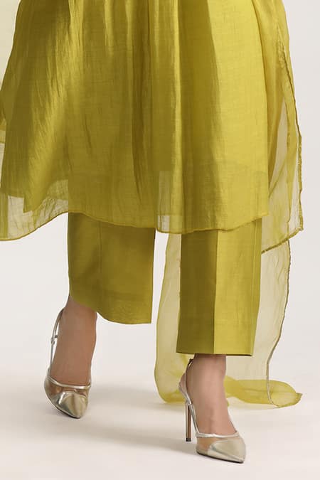 Shop_Trendy Tokari_Green Chanderi, Silk Embroidery, Gota Patti V-neck Gathered Kurta Pant Set _Online_at_Aza_Fashions