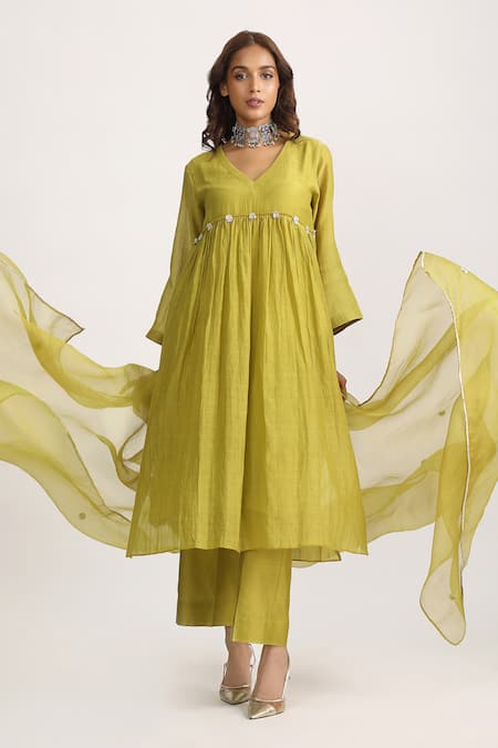 Trendy Tokari_Green Chanderi, Silk Embroidery, Gota Patti V-neck Gathered Kurta Pant Set _at_Aza_Fashions