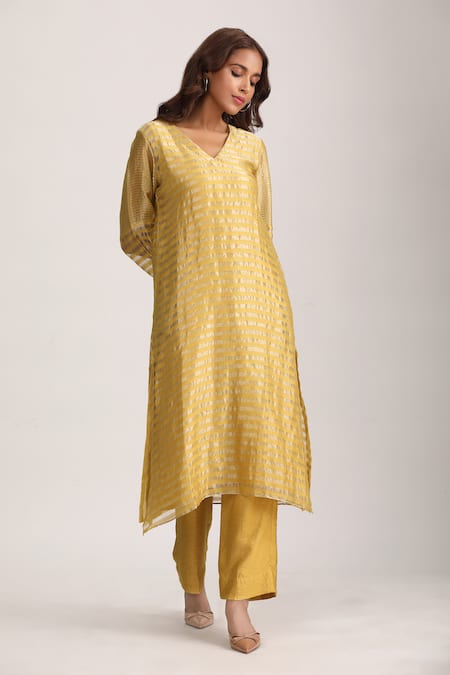 Trendy tokari Yellow Chanderi Tissue Woven Stripe V Neck Straight Pattern Kurta Pant Set 