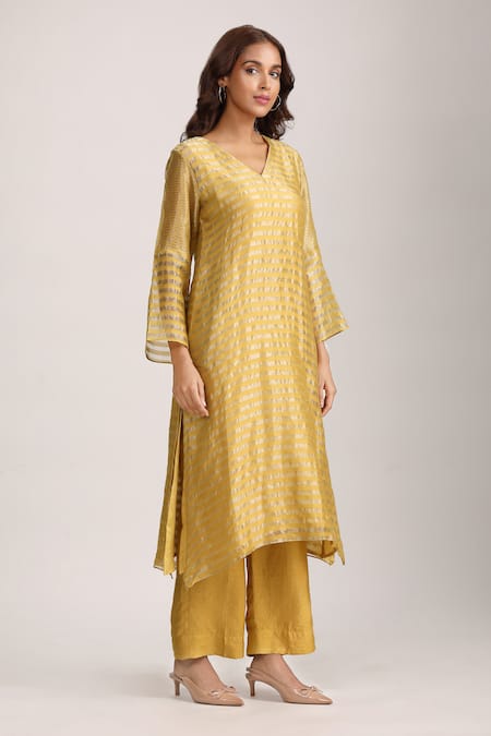 Buy_Trendy Tokari_Yellow Chanderi Sequins V-neck Straight Stripe Pattern Kurta Pant Set _Online_at_Aza_Fashions