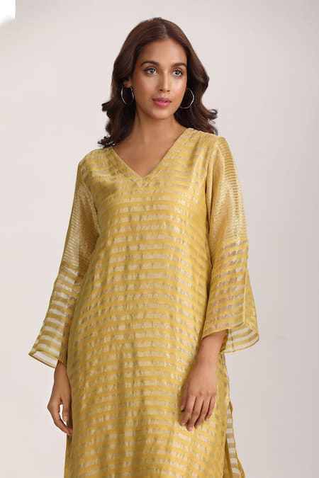 Shop_Trendy Tokari_Yellow Chanderi Sequins V-neck Straight Stripe Pattern Kurta Pant Set _Online_at_Aza_Fashions