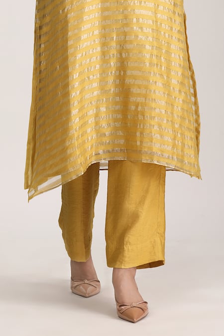 Trendy Tokari_Yellow Chanderi Sequins V-neck Straight Stripe Pattern Kurta Pant Set _at_Aza_Fashions