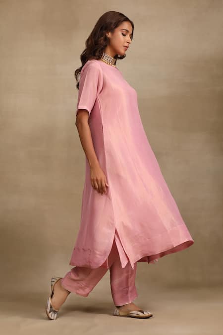 Shop Trendy Tokari Pink Silk, Tissue Round Neck Shimmer Finish Kurta With Pant Online at Aza Fashions Shop_Trendy Tokari_Pink Silk, Tissue Round Neck Shimmer Finish Kurta With Pant _Online_at_Aza_Fashions