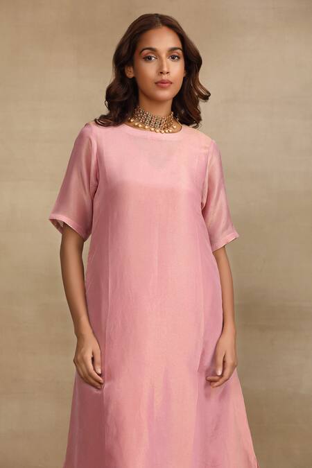 Trendy Tokari Pink Silk, Tissue Round Neck Shimmer Finish Kurta With Pant at Aza Fashions Trendy Tokari_Pink Silk, Tissue Round Neck Shimmer Finish Kurta With Pant _at_Aza_Fashions