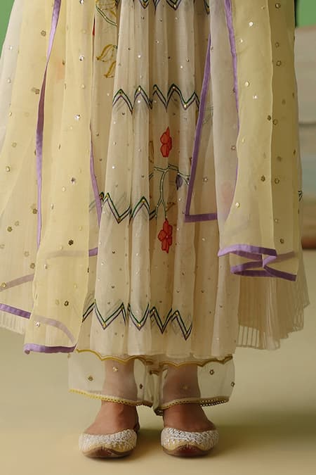 Label Nimbus_Ivory Chanderi, Silk, Organza, Cotton Mirrors, Embroidery Hand Anarkali Set _Online_at_Aza_Fashions