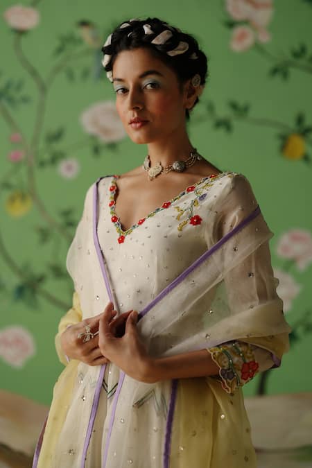 Buy_Label Nimbus_Ivory Chanderi, Silk, Organza, Cotton Mirrors, Embroidery Hand Anarkali Set _Online_at_Aza_Fashions