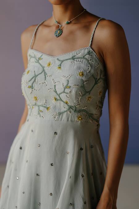 Label Nimbus_Blue Chanderi, Lycra, Chiffon Embroidery Sweetheart Hand Anarkali Churidar Set _Online_at_Aza_Fashions