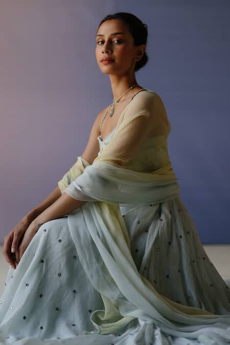 Shop_Label Nimbus_Blue Chanderi, Lycra, Chiffon Embroidery Sweetheart Hand Anarkali Churidar Set _Online_at_Aza_Fashions