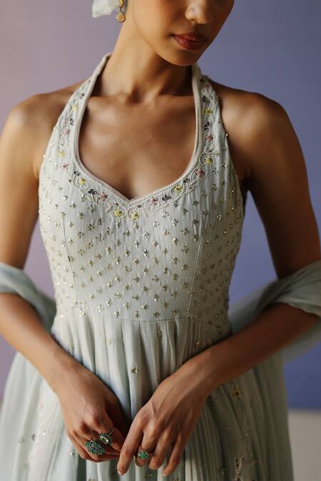 Label Nimbus_Blue Chanderi, Organza, Chiffon, Cotton, Silk Resham Hand Anarkali Pant Set _Online_at_Aza_Fashions