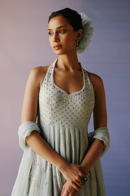 Buy_Label Nimbus_Blue Chanderi, Organza, Chiffon, Cotton, Silk Resham Hand Anarkali Pant Set _Online_at_Aza_Fashions