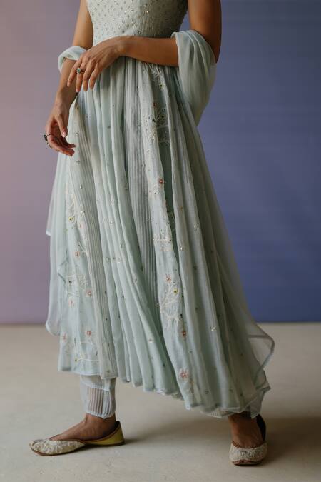 Shop_Label Nimbus_Blue Chanderi, Organza, Chiffon, Cotton, Silk Resham Hand Anarkali Pant Set _Online_at_Aza_Fashions