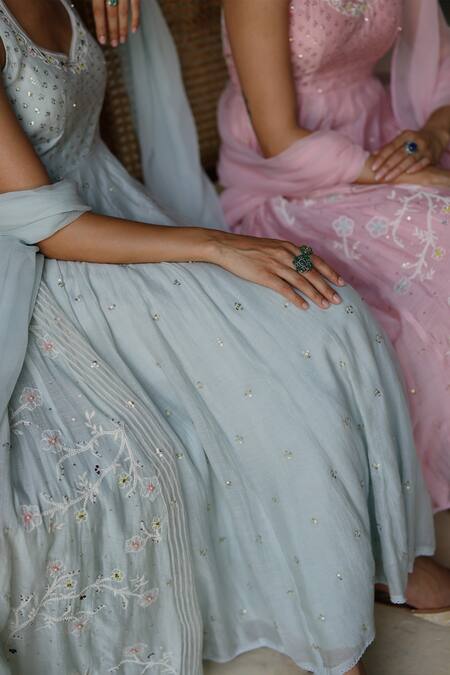 Label Nimbus_Blue Chanderi, Organza, Chiffon, Cotton, Silk Resham Hand Anarkali Pant Set _at_Aza_Fashions