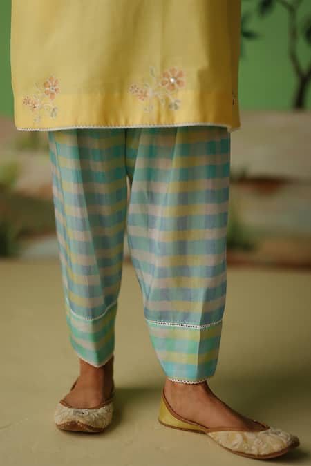 Shop_Label Nimbus_Yellow Kurta Chanderi Hand Embroidered Sequins Notched With Salwar _Online_at_Aza_Fashions