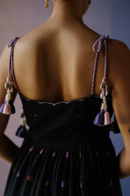 Buy_Label Nimbus_Black Chanderi, Kota Doria, Cotton Embroidery Polka Print Tiered Dress_Online_at_Aza_Fashions