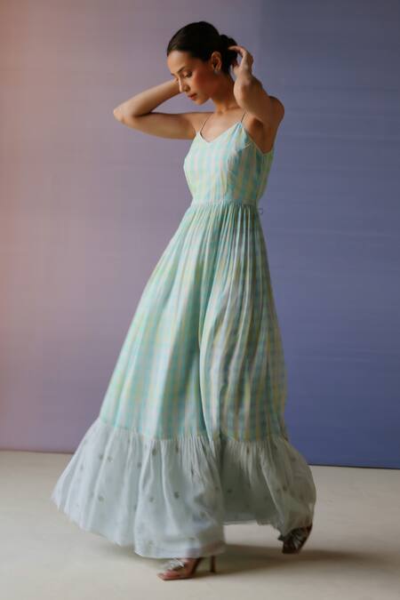 Label Nimbus_Blue Dress Chanderi And Kota Cotton Hand Embroidered Resham Checks Print Tiered_Online_at_Aza_Fashions