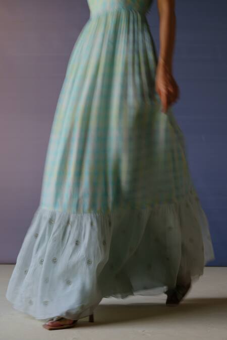 Buy_Label Nimbus_Blue Dress Chanderi And Kota Cotton Hand Embroidered Resham Checks Print Tiered_Online_at_Aza_Fashions