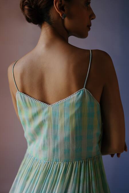 Shop_Label Nimbus_Blue Dress Chanderi And Kota Cotton Hand Embroidered Resham Checks Print Tiered_Online_at_Aza_Fashions