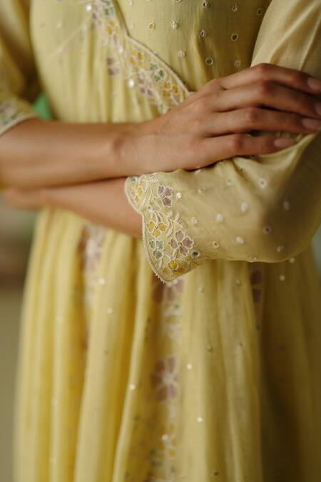 Label Nimbus_Yellow Chanderi, Kota Doria, , Hand Embroidered Angarkha Pant Set _Online_at_Aza_Fashions