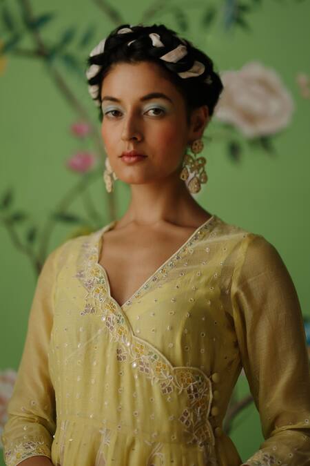 Buy_Label Nimbus_Yellow Chanderi, Kota Doria, , Hand Embroidered Angarkha Pant Set _Online_at_Aza_Fashions