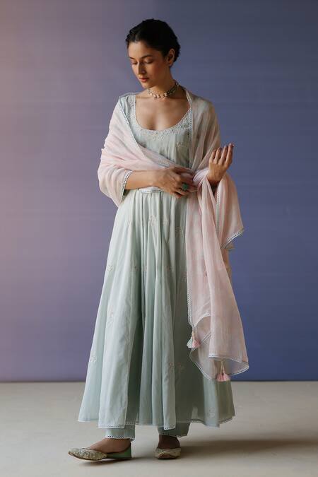 Label Nimbus_Blue Anarkali Cotton Mul Patla Hand Embroidered Resham U Neck Tikki Set _Online_at_Aza_Fashions