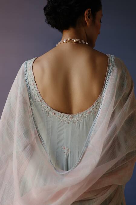 Buy_Label Nimbus_Blue Anarkali Cotton Mul Patla Hand Embroidered Resham U Neck Tikki Set _Online_at_Aza_Fashions