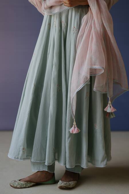 Label Nimbus_Blue Anarkali Cotton Mul Patla Hand Embroidered Resham U Neck Tikki Set _at_Aza_Fashions