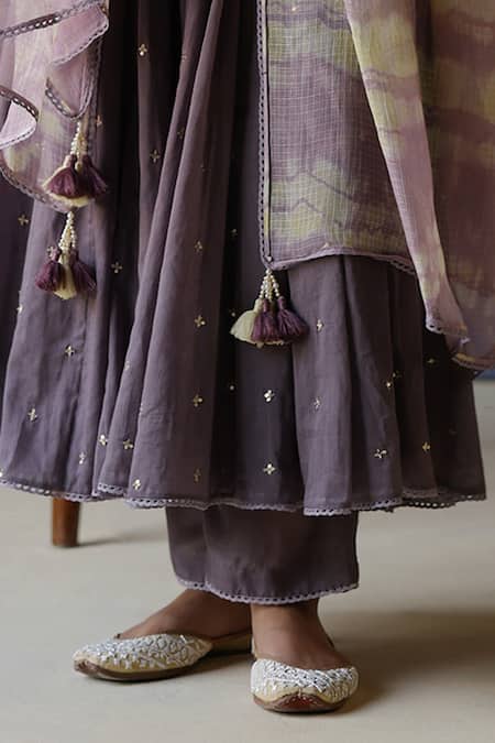 Label Nimbus_Purple , Satin, Kota Doria Pearl Tikki Hand Anarkali Set _Online_at_Aza_Fashions