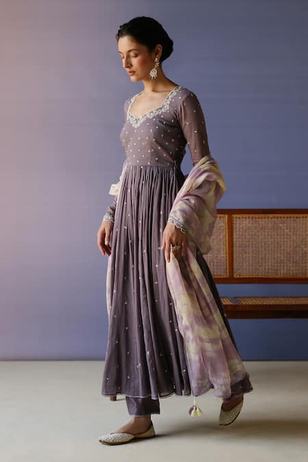 Buy_Label Nimbus_Purple , Satin, Kota Doria Pearl Tikki Hand Anarkali Set _Online_at_Aza_Fashions
