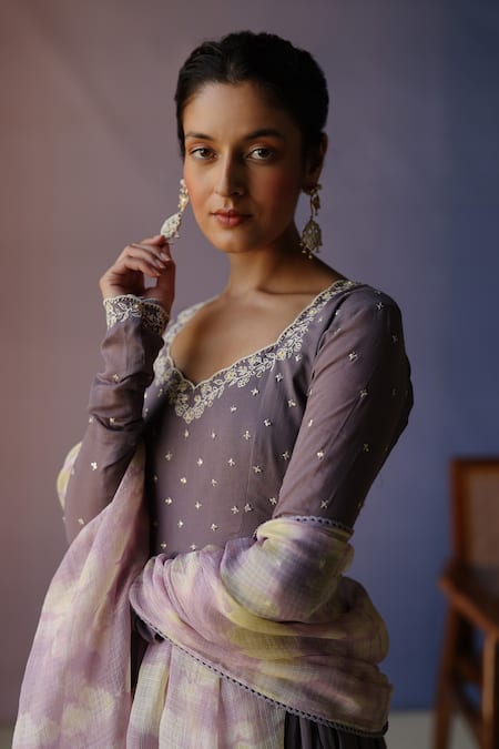 Shop_Label Nimbus_Purple , Satin, Kota Doria Pearl Tikki Hand Anarkali Set _Online_at_Aza_Fashions