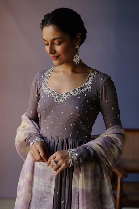 Label Nimbus_Purple , Satin, Kota Doria Pearl Tikki Hand Anarkali Set _at_Aza_Fashions