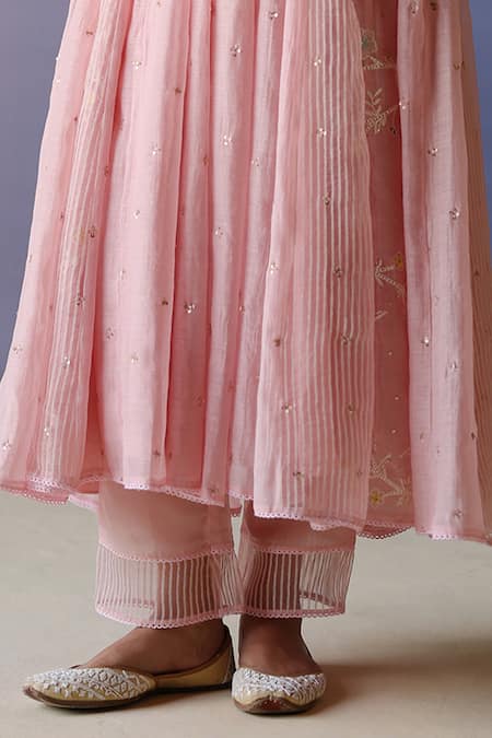 Label Nimbus_Pink Chanderi, Kota Doria, Cotton, Silk, Chiffon Tikki Hand Anarkali Pant Set _Online_at_Aza_Fashions