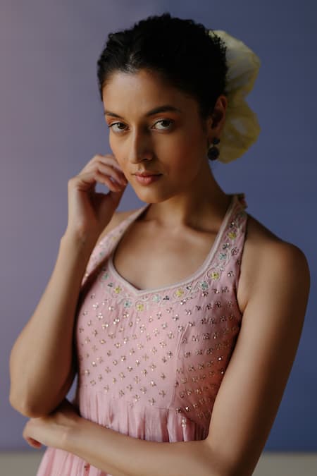 Buy_Label Nimbus_Pink Chanderi, Kota Doria, Cotton, Silk, Chiffon Tikki Hand Anarkali Pant Set _Online_at_Aza_Fashions