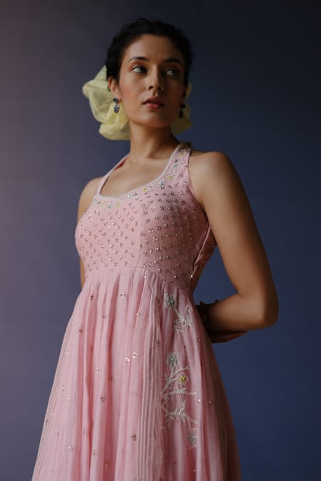 Shop_Label Nimbus_Pink Chanderi, Kota Doria, Cotton, Silk, Chiffon Tikki Hand Anarkali Pant Set _Online_at_Aza_Fashions