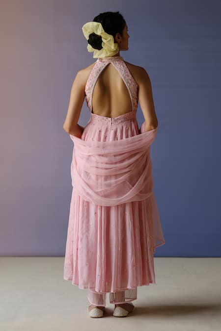 Label Nimbus_Pink Chanderi, Kota Doria, Cotton, Silk, Chiffon Tikki Hand Anarkali Pant Set _at_Aza_Fashions