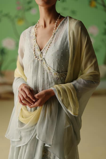 Label Nimbus_Blue Chanderi, Cotton, Silk, Chiffon Pearls, Embroidery, Hand Angarkha Pant Set _Online_at_Aza_Fashions